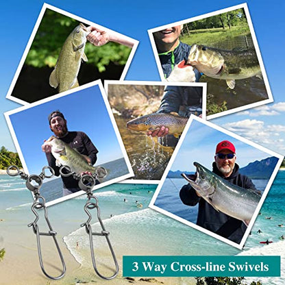 AGOOL Fishing 3 Way Swivel Snaps - 30pcs T-Turn Fishing Swivels Triple Swivels Cross Line Duo Lock Snap Swivels Fishing Lure Connectors Fishing Tackle for Trolling Catfish Rig Saltwater Freshwater - size: 2# (75lb) - 30pcs