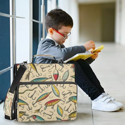 Fish Lures Hook Beige Vintage 3 Ring Zipper Binder with Strap 1.5 inch 500 Sheet Capacity File Folder Storage Organizer