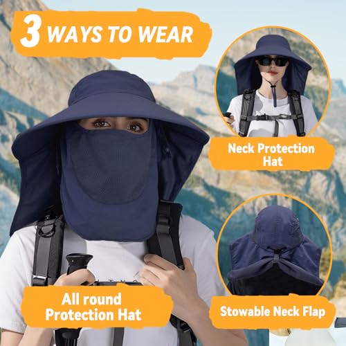 Sun Hats for Men Women Detachable Face Cover Wide Brim Fishing Hats with Neck Flap UPF 50+ Outdoor Safari Hats - color: Navy Blue