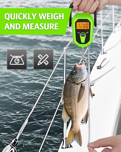 Digital Fishing Scale with Lip Gripper, 110lb/50kg Waterproof Fish Weight Scale with Tape Measure, Hook & Clamp, LCD Display & Hanging Design, Ideal Fishing Gift for Men Anglers - color: Green