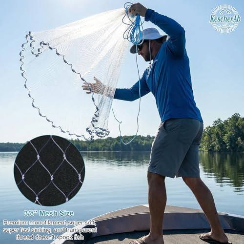 Cast Net 3ft-8ft Radius American Monofilament Fishing Net 3/8 Mesh Fish Throw Net for Bait Trap, Casting Net with Heavy Duty Sinker, Professional Grade Saltwater Bait Fish - size: 8ft Radius