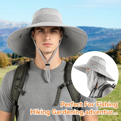 Super Wide Brim Fishing Hat UPF 50+ Sun Safari Hat with Removable Neck Face Flap - color: Light Grey