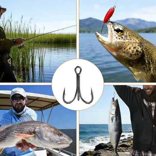 50pcs High Carbon Steel Fishing Treble Hooks - Super Sharp Solid Triple Barbed 3X Strong Professional V Design, Size 4/6/8/10/12/14, Saltwater and Freshwater Replacement Hooks - size: 3x-10#