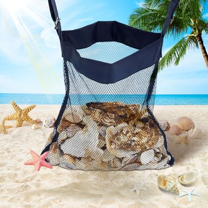 VioraWhite 2 Pcs Extra Large 14 x 16inch Clam Mesh Chum Beach Bags for Seashells Clams Treasures Sand Away Foldable Shell Collection Bags with Adjustable Straps (Navy Blue) - color: Navy Blue
