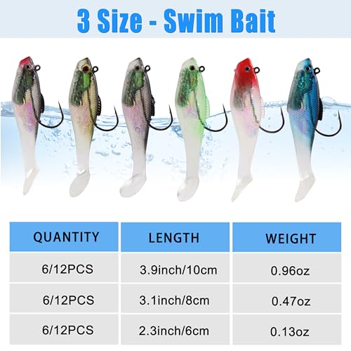 Pre-Rigged Swimbaits, 6/12pcs Paddle Tail Swim Baits Swim Shad Jig Head Fishing Lures Soft Plastic Swimbaits for Bass Trout Walleye Crappie - size: 2.36inch/0.13oz, style: 6pcs