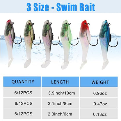Pre-Rigged Swimbaits, 6/12pcs Paddle Tail Swim Baits Swim Shad Jig Head Fishing Lures Soft Plastic Swimbaits for Bass Trout Walleye Crappie - size: 3.15inch/0.47oz, style: 6pcs
