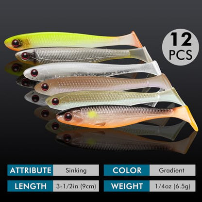 TRUSCEND Shadtale Easy Catch Soft Fishing Lures, Unique Vibration and Action for Various Rigs, Paddle Tail Swimbaits Trailer for Bass, Trout, Crappie, Walleye, Redfish, Saltwater & Freshwater Fishing - color: 3.5",12pcs,0.25oz