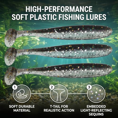 Zer one 20 PCS Fishing Soft Lure 7.5cm/2g Plastic T Tail Bait Artificial Worm Swimbait for Bass Trout Walleye Fishing Accessory - color: Black