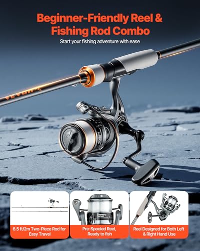 VEVOR Rod and Fishing Reel Combo, IM6 Fiberglass & Carbon Fiber Spinning Rod and Reel Combo, Bass Fishing Pole with 6.5 ft Two-Piece Rods, 6+1 Ball Bearings, Stainless Steel Guides with Ceramic Rings