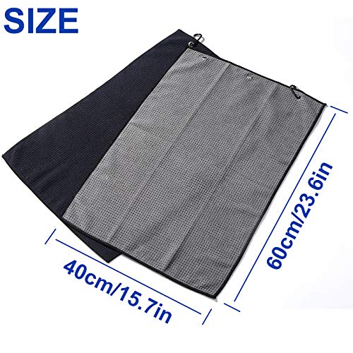 2 Pack 16" x 24" Tri-fold Golf Towel Set, Microfiber Fabric Waffle Pattern Towels, Heavy Duty Carabiner Clip (2 Pcs, 2 Colors) - color: 1: All Black + Grey (Black Edge)