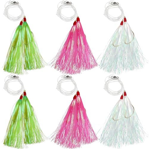 Fishing Teaser Rigs Saltwater, 3/6 Pack Flounder Rigs Hand Tied Sea Bass Hi Lo Rig Fishing Bait Rigs Multicolor Mylar Bucktail Teasers Rig for Flounder Fluke Halibut Sea Bass - size: 6 Packs, style: Mylar Teaser