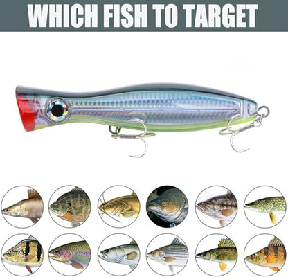 Popper Fishing Lure, JAZALIC 1 PCS Topwater Popper Lures 3D Eyes Fishing Accessories for Saltwater Surface Casting and Freshwater Gt Tuna Kingfish Large Predator Fish (6.3in, 2.82Oz) - color: Red&Green
