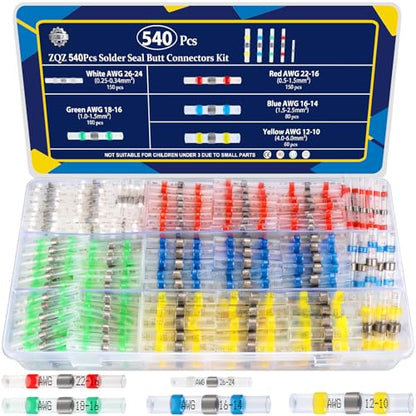 ZQZ 540PCS Solder Seal Wire Connectors Kit, Heat Shrink Solder Stick, Waterproof Soldering Butt Connectors, Electrical Crimpless Solders Wire Terminals Assortment Kit, Marine Butt Splice Connector - size: Solder Seal 540PCS