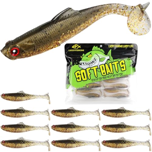 LUCKYFISHING Paddle Tail Swimbaits Soft Plastic Swimbaits Soft Baits for Bass Fishing Trout Crappie Walleye Freshwater Saltwater 10/16/20 PCS Soft Plastic Baits 4/3.5/3/2.5 Inch - color: Brown, size: 3.5 inch-10pcs