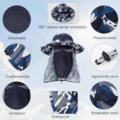 4 Pack Sun Hats for Men Women UPF 50+ Wide Brim Fishing Bucket Hat Summer Outdoor UV Protection Adjustable Neck Flap - color: Camouflage Green, Camouflage Blue, Gray, Blue