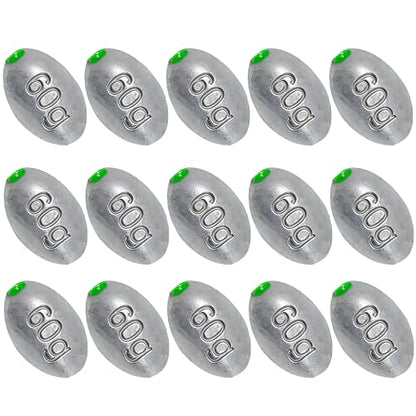 Egg Sinkers Bullet Fishing Weights Oval Shaped with Plastic Core Slip Sinkers for Catfish Fishing Casting Saltwater and Freshwater 1/5oz to 2oz - style: 2 Ounce-60g-15pcs