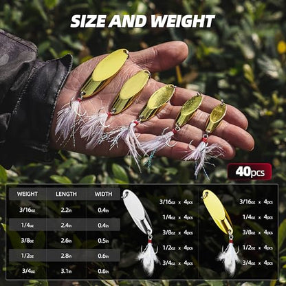 Jigging Spoon Fishing Lures 20/40PCS Kit – Metal Casting Spoon Lure Set with Treble Hooks, Mixed Sizes Spinner Baits for Saltwater & Freshwater Trout, Salmon, Bass - color: Silver, Gold, size: Mixed Size 40PCS
