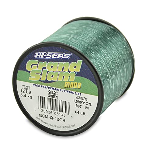 HI-SEAS Grand Slam Monofilament Fishing Line - Strong & Abrasion Resistant in Clear, Pink, Green, Smoke Blue, Fluorescent Yellow Freshwater & Saltwater – Quarter Pound Spool - color: Green, style: 12 Lb Test, 0.35 Mm Dia, 1090 Yd