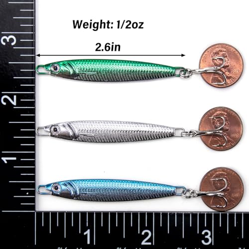 Dr.Fish Fishing Jigs Jigging Spoon Saltwater Fishing Lure Casting Metal Spoon Surf Fishing Mackerel Striper Lures Stinger Bluefish Vertical Diamond Jig - color: Green, size: 1/2oz-3 Pieces