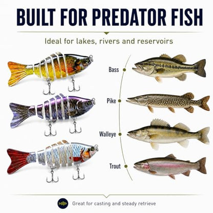 Rattling Fishing Lures 3 Pack, Multi-Jointed Swimbaits with Treble Hooks, Lifelike S-Swimming Hard Baits for Bass, Trout, Crappie & Perch