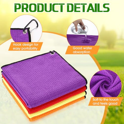 Batiyeer 12 Pcs Golf Towel Bulk for Golf Bags Microfiber Fabric Towel with Clip Waffle Pattern, Fitness, Camping, Hiking, Yoga - color: Red, Yellow, Orange, Purple