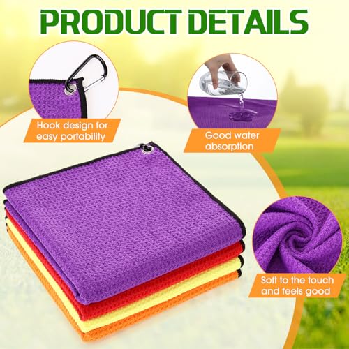 Batiyeer 12 Pcs Golf Towel Bulk for Golf Bags Microfiber Fabric Towel with Clip Waffle Pattern, Fitness, Camping, Hiking, Yoga - color: Red, Yellow, Orange, Purple