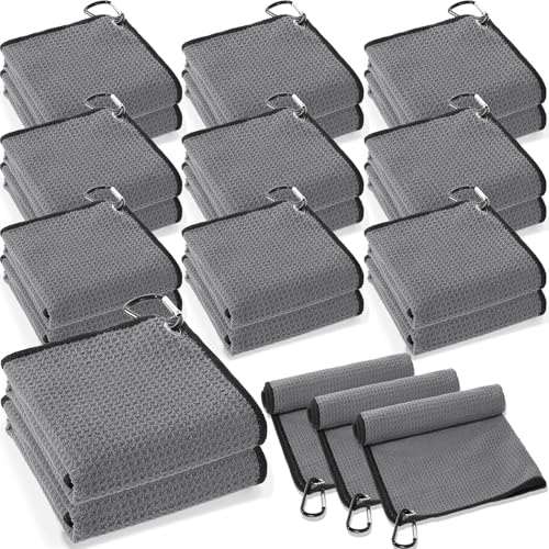 Batiyeer 30 Pcs Golf Towels Bulk for Bags 16'' x 16'' Microfiber Fabric Golf Towel with Clip Waffle Pattern for Men Mini Tournament Fitness Yoga Camping (Dark Gray) - color: Dark Gray