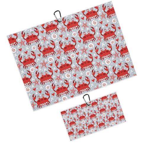 Cute Crabs Starfish Golf Towel for Golf Bags Carts Red Crab Golf Towels with Clip Funny Seafood Waffle Towels Cleaning Cloth 2 Packs for Men Golfer Accessories, Birthday Father's Day Present - color: Red Grey
