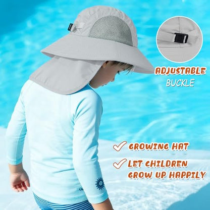 Outdoor Kids Sun Hats with Neck Flap Boys Girls Wide Brim UPF 50+ UV Protection Children Bucket Hat Safari Hat - color: 1pack-lightgrey