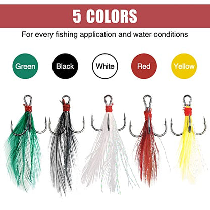 Feathered Treble Hooks Kit, 50 PCS Fishing Treble Hooks High Carbon Steel Sharp Barbed Fishing Hook with Storage Box, Freshwater Saltwater Lure Hook for Bass Trout Pike Salmon Catfish Fishing