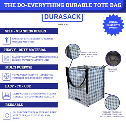 DURASACK Heavy Duty Storage Tote Bag 22-Gallon, Gingham Gray | Rugged Woven Polypropylene Moving Bag, Reusable Self-Standing Design, Holds up to 500 Pounds - color: Gingham Gray, size: Single