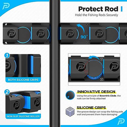 PLUSINNO Fishing Rod Holders - V6 Vertical Support for Extra Large & Heavy Fishing Rod Combos, Garage & Wall Mounted Rack Storage - style: Upgraded 1pack (Support Heavy rod combos)