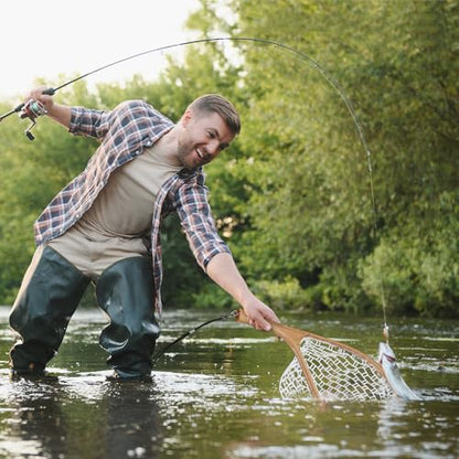 Portable Wooden Fly Fishing Net with Soft Silicone Mesh - Ideal for Trout & Bass Catch and Release - Essential Freshwater & Saltwater Gear for Anglers White Curved Handle Large - color: White Curved Handle