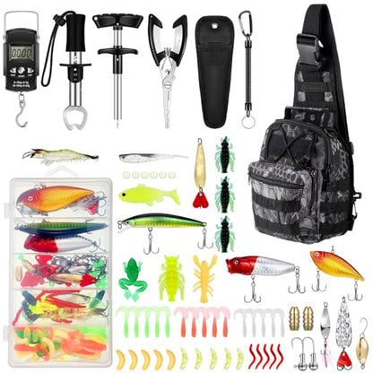 Sosation 134 Pcs Fishing Tool Fishing Tackle Box Kit and Equipment for Adults Beginner Gift, Hook Remover, Pliers Kit, Backpack Tackle Container Lures, Lip Gripper, Weigh Scale - color: Python Pattern