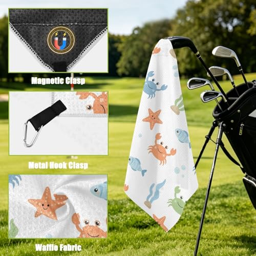 Cartoon Crab Fish White Pattern Magnetic Golf Towel for Golf Bags Microfiber Golf Accessories for Women Men with Carabiner Clip Attaches to Clubs and Carts, 17.7"x17.7"