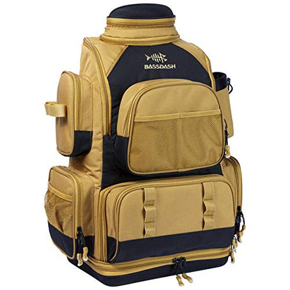 BASSDASH Fishing Tackle Backpack Water Resistant Tactical Bag Soft Tackle Box with Rod Holder and Protective Rain Cover - color: British Khaki Backpack [3670] Without Trays
