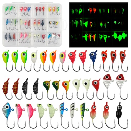 Ice Fishing Jigs Lures kit, Luminous Ice Fishing Gear Crappie Panfish Jigs Head Fishing Hooks Set for Winter Ice Jigging Walleye Perch Bluegill 24/36/48pcs - style: 36pcs
