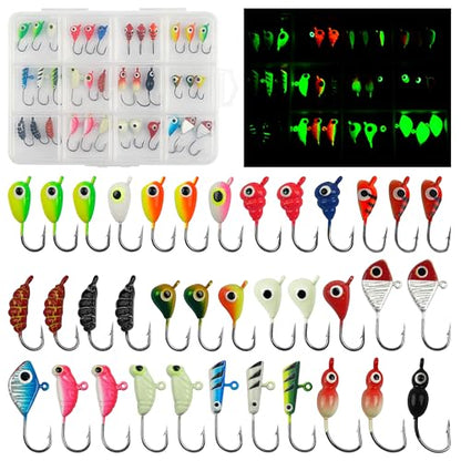 Ice Fishing Jigs Lures kit, Luminous Ice Fishing Gear Crappie Panfish Jigs Head Fishing Hooks Set for Winter Ice Jigging Walleye Perch Bluegill 24/36/48pcs - style: 36pcs