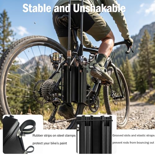 Bike Fishing Rod Holder,Fishing Rod Holder for Bike Frame,Bicycle Fishing Pole Holder with Stainless Steel R-Clamps & Elastic Straps,Secure Bicycle Rod Holder,Fits Most Rods with Reels