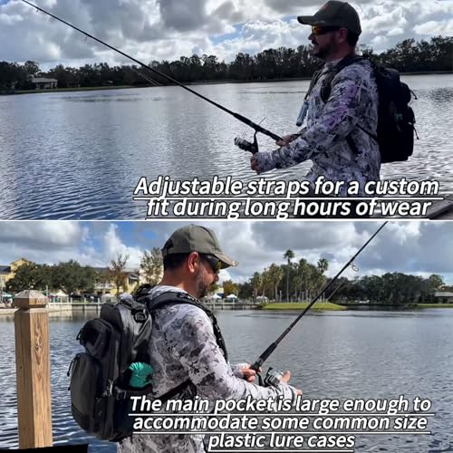 Versatile Fishing Backpack with Rod Holder and Adjustable Straps - color: Black Camouflage