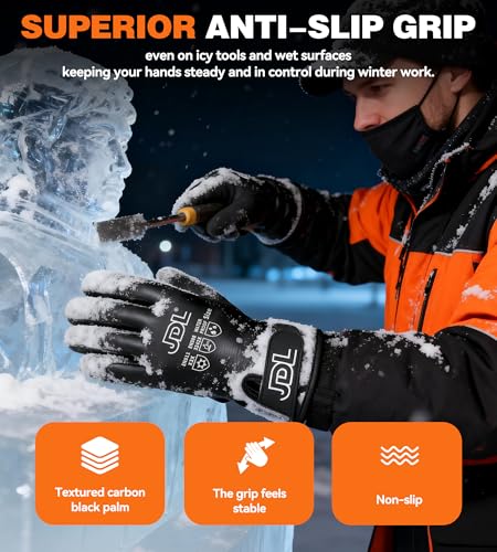 JDL 100% Waterproof Winter Work Gloves for Men & Women, Thermal Insulated Freezer Gloves for Cold Weather, Super Grip Palm, Carbon Black, Large, X-Large