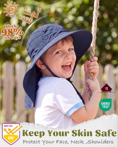 Home Prefer UPF50 Wide Brim Kids Sun Hat Neck Flap Boys Girls Sun Protection Hat for Beach Fishing - color: Navy Blue, size: 4-8 Years