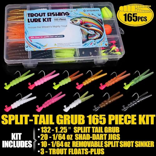 XFISHMAN-Trout-Fishing-Lure-Kit 165-Piece Creek & River Fishing Set with Split Tail Grub Worms, Shad Dart Jig Heads, Floats & Sinkers Ideal for Seasonal Trout Crappie Panfish
