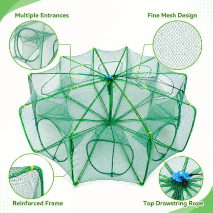 Fishing Bait Trap, 10-Hole 10-Sided Foldable Fishing Net Trap, Portable Nylon Mesh Collapsible Fish Trap with Storage Bag for Minnow Crab Shrimp Crawfish, Freshwater Saltwater