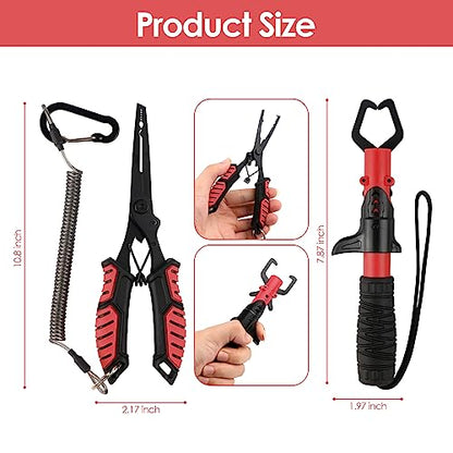 mouhike Fishing Pliers Fish Lip Gripper Fishing Tool Kit Muti-Function Saltwater Fishing Line Cutter Hook Remover with Sheath Lanyard, Fly Ice Fishing Gear Fishing Gifts for Men Women - color: Red & Black
