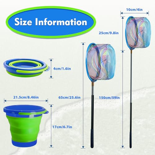 2PCS Kids Fishing Nets with Bucket - Telescoping Handle Retractable Landing Net Lightweight Aluminum Pole for Catch and Release Frog, Minnow, Butterfly, Crab, Beach and Creek Outdoor - color: BLUE