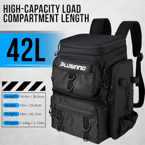 PLUSINNO Fishing Tackle Backpack with Rod Holders，42L Water-resistant Fishing Bag Store Fishing Gear,Fishing Gifts For Men. - color: Black