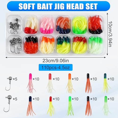 Grub Fishing Lures Jig Heads Hooks Kit, Crappie Lures Tube Baits Soft Worms Grub Tail Crappie Jigs for Bass Trout Bluegill Panfish Fishing 17-140pcs - color: 110pcs/kit