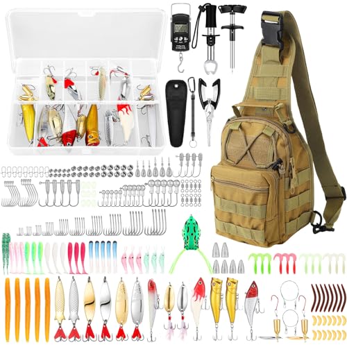 Gemscream 393 Pcs Fishing Tool Kit Fishing Backpack with Tackle Boxes Included Pliers Gear and Equipment Bait Rigs Fish Lip Gripper Lure Gear Kit Fish Hooks Remover Tools - color: Khaki