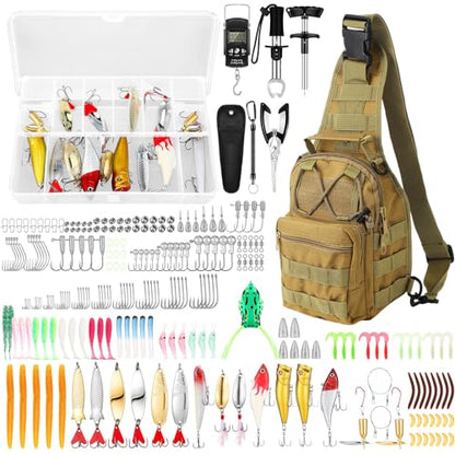 Gemscream 393 Pcs Fishing Tool Kit Fishing Backpack with Tackle Boxes Included Pliers Gear and Equipment Bait Rigs Fish Lip Gripper Lure Gear Kit Fish Hooks Remover Tools - color: Khaki
